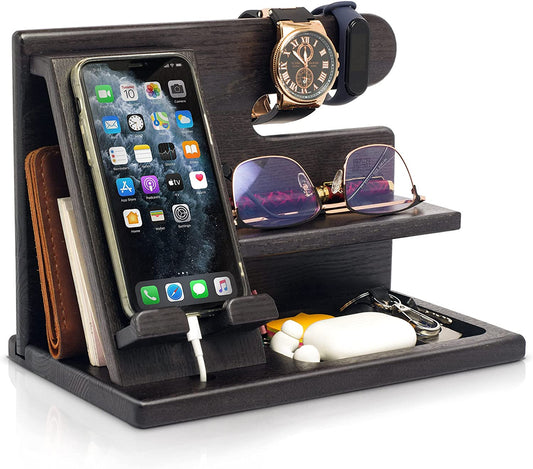 Wood Phone Docking Station for Men - Desktop or Nightstand Organizer - Birthday Gifts for Men, Dad - Anniversary Idea from Wife - Key Holder, Stand Wallet, Watch & Essentials (Granite Black)